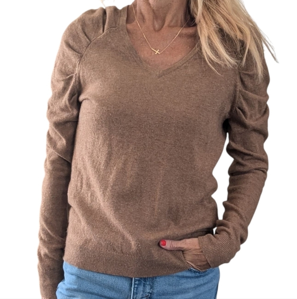 Sundance Brown Lambswool Cashmere Blend Puff Sleeve V Neck Sweater XS